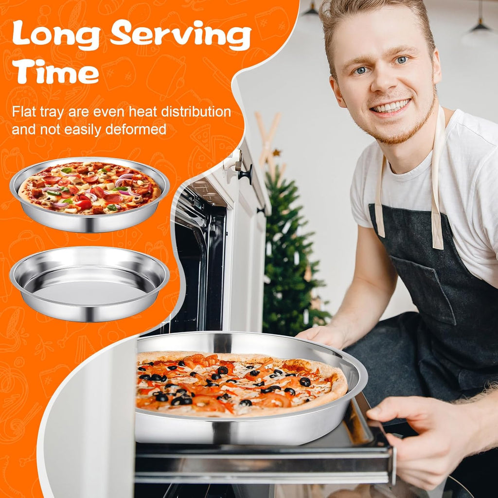 Nuogo 3 Pcs 16 14 10 Inch Large Deep Pizza Pans Stainless Steel Pizza Tray Round Oven Tray Rust Proof Reusable Bakeware Cooking Pan Dishwasher Safe for Baking, Serving, and Displaying Cookie Pie