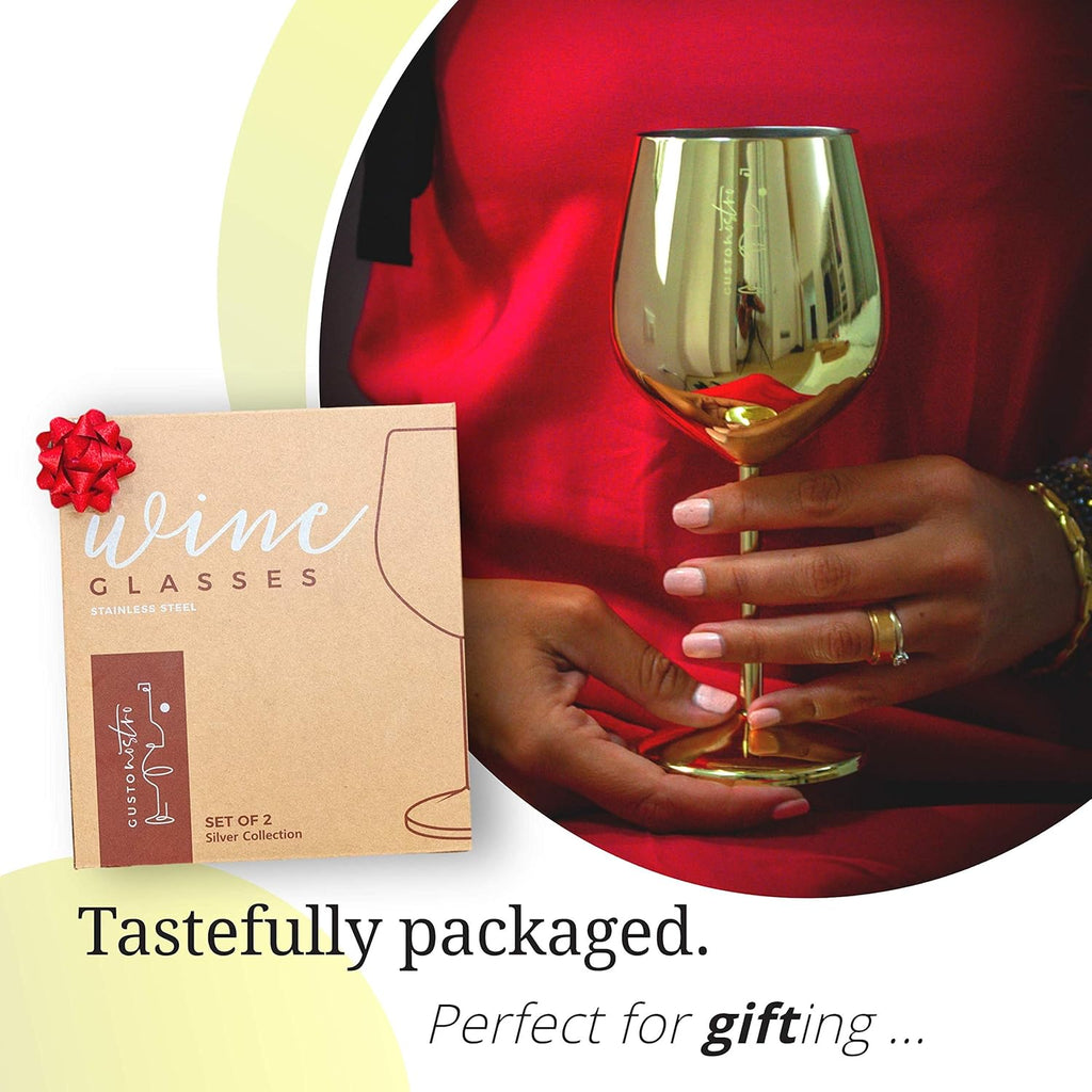 Gusto Nostro Stainless Steel Wine Glass - 18 oz Unbreakable Gold Wine Glasses for Travel, Camping and Pool - Fancy, Unique and Cute Portable Metal Wine Glass for Outdoor Events, Picnics (Set of 4)