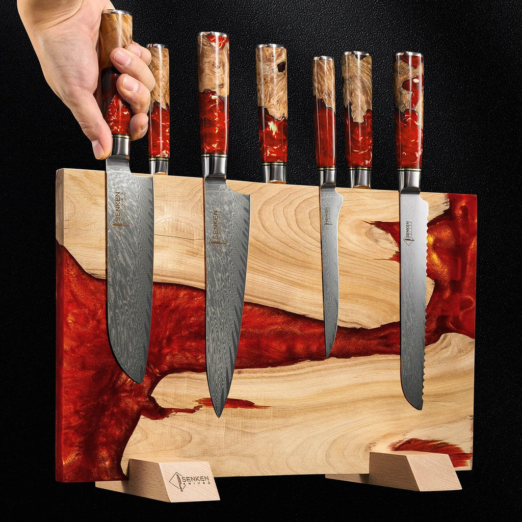 SENKEN "Red Tsunami" Extra Large Magnetic Knife Block - Holds Up to 16 Knives - Knife Block without Knives, Universal Knife Holder, Beautiful Red Resin & Natural Wood Blend ("Crimson" Red Resin Blend)