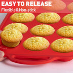 Silicone Muffin Pan for Baking with Metal Reinforced Frame, 12 Cup Regular Size Cupcake Pan Flame Red