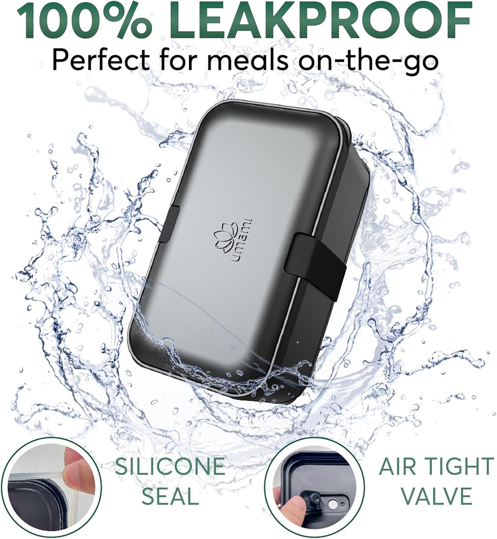 Umami Lunch Box Containers w/ 4 Utensils, Sauce Jar, Nestable Space-Saving Bento Box Adult, 100% Leakproof, Microwavable Lunch Containers for Adults, Design Award Winner, Black, 30 oz