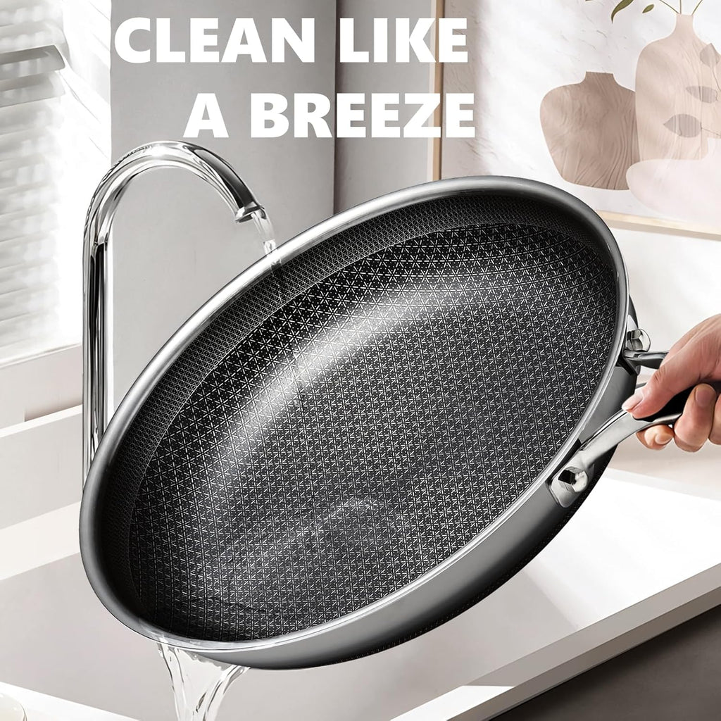 Non Stick Frying Pans 12 inch, Hybrid Frying Pans Nonstick with Lid,non stick Stainless Steel Skillets, Dishwasher and Oven-Safe Chef Pan, Induction Compatible Cooking Pan, PFOA Free Cookware