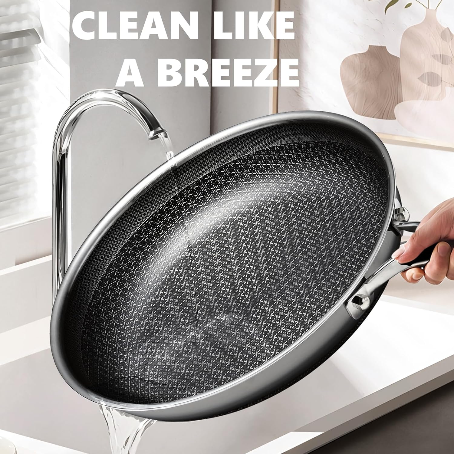 Non Stick Frying Pans 12 inch, Hybrid Frying Pans Nonstick with Lid,non stick Stainless Steel Skillets, Dishwasher and Oven-Safe Chef Pan, Induction Compatible Cooking Pan, PFOA Free Cookware