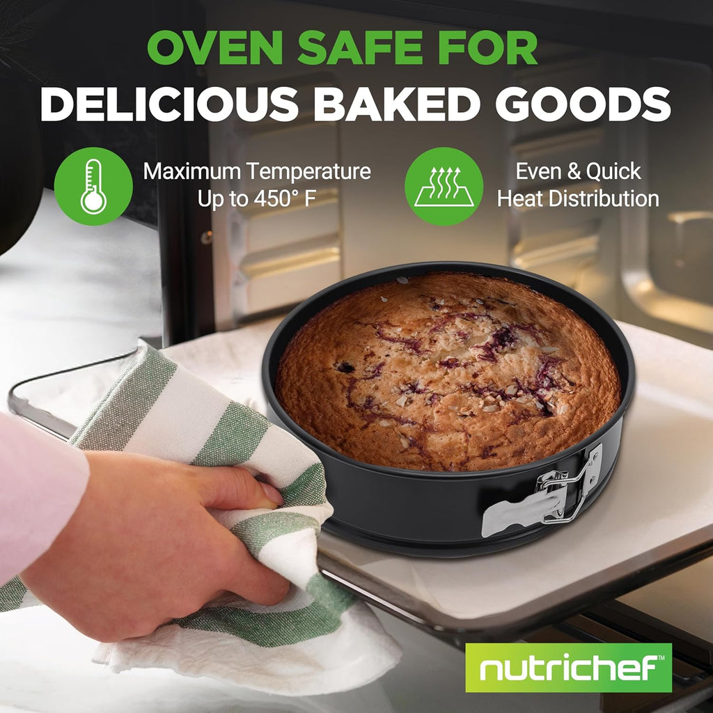 NutriChef 9 Inch Nonstick Cheesecake Springform Cake Pan | Stainless Steel Clasp & Removable Bottom | Durable Carbon Steel Cheesecake Pan | Easy to Clean | Includes 100 Parchment Papers | Black