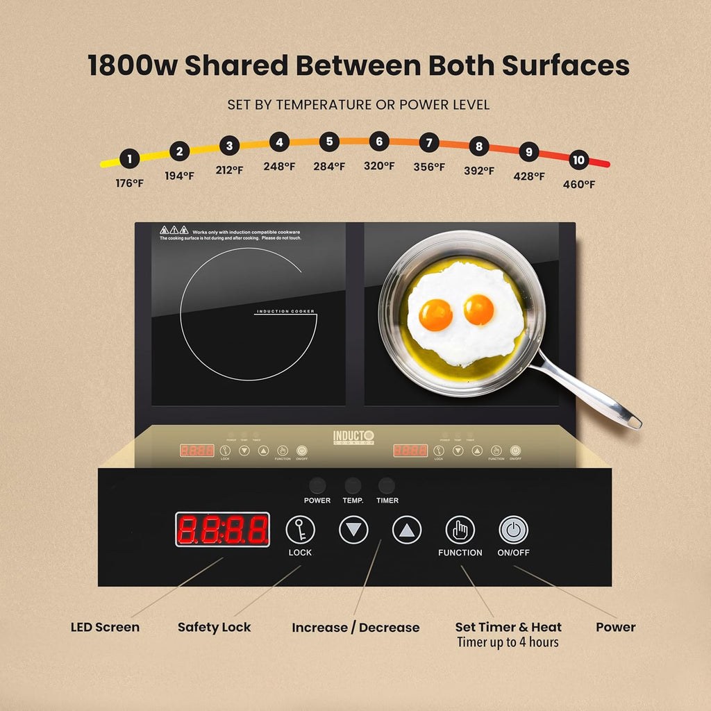 Homewell Inducto Dual Induction Cooktop Countertop Burner, Portable Electric Cooktop with Two Heating Zones, Energy-Efficient Countertop Stove, Easy-to-Clean Glass Surface, Black 1800W