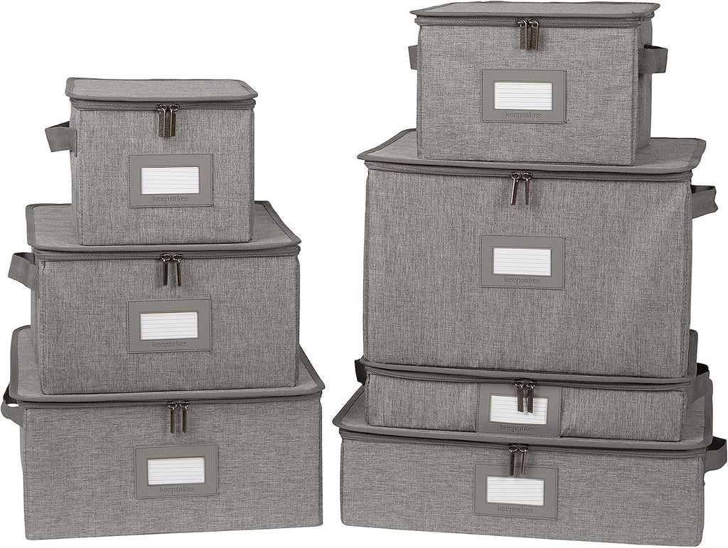 Covermates Keepsakes Dish Storage Box - Stackable, Reinforced Handles, China Storage, Grey Heather