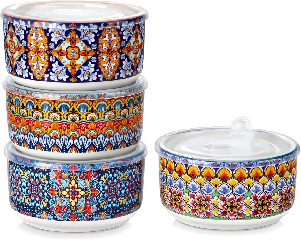 vancasso 36 oz Ceramic Bowls with Lids Set of 4, 6 Inch Food Storage Containers & Prep Bowls for Leftovers, Soup, Cereal, Meal Prep, Office Lunch, Microwave & Dishwasher Safe, Series SIMI