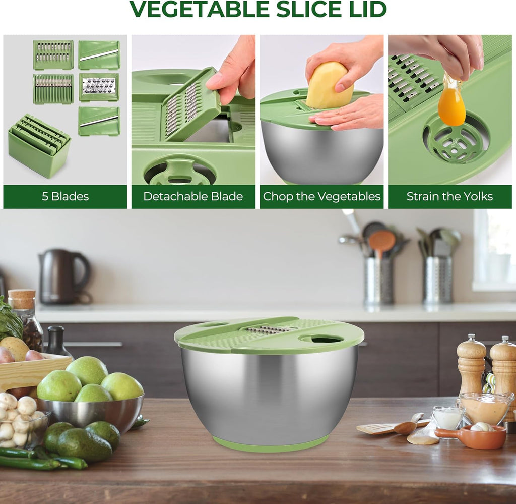 SUSTEAS Stainless Steel Salad Spinner Large, Vegetables Wash Bowl, Fruits & Herb Lettuce Dryer with 5 Blade Slicer Egg Yolk Strainer Shredder for Efficient Salad Preparation and Food Washing, 4.25Qt