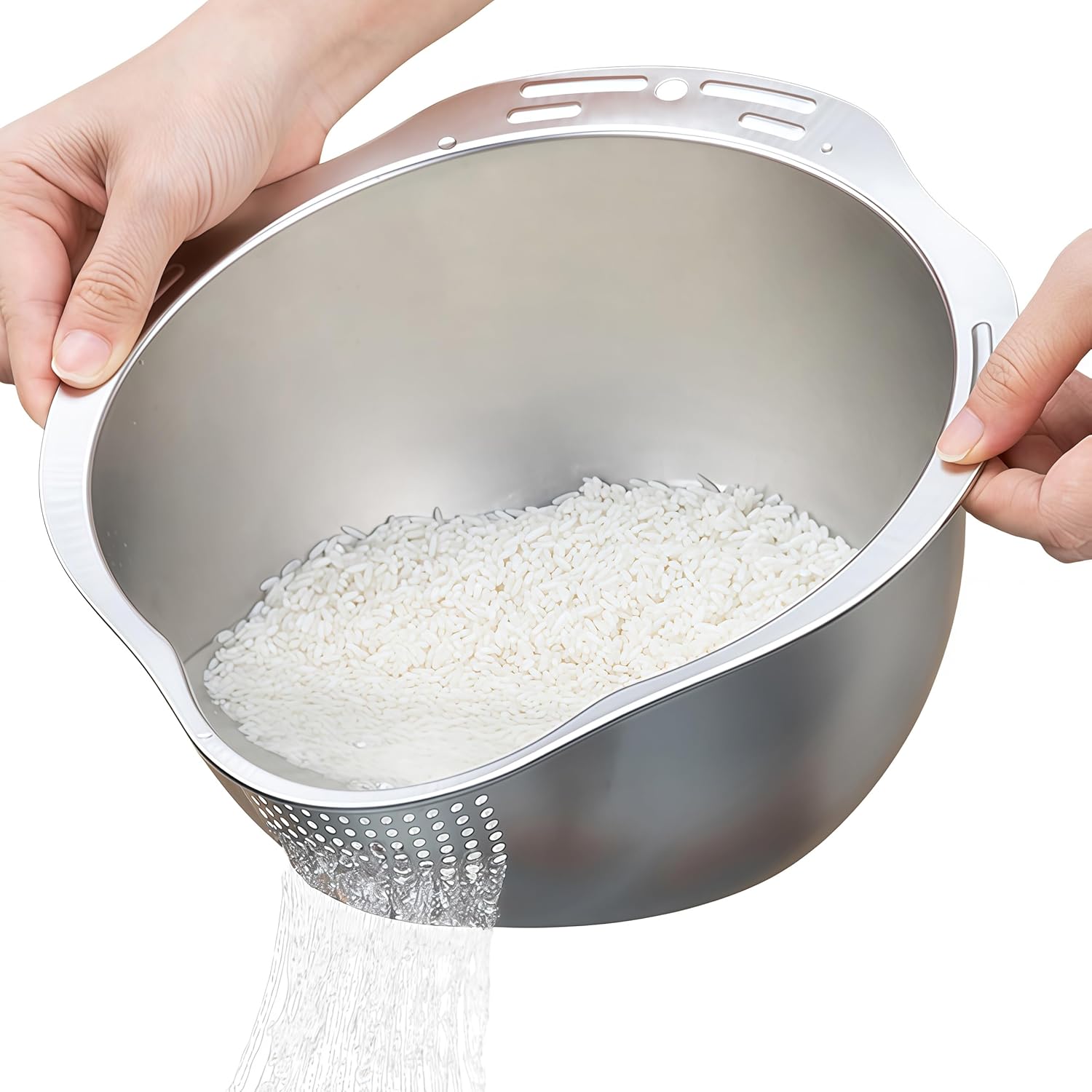 Rice Washer Strainer Bowl - 4-in-1 Washing Bowl for Quinoa, Stainless Steel Side Drainers Colander for Cleaning and Rinsing Fruits, Vegetables, and Beans - Versatile Kitchen Tool