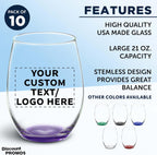 DISCOUNT PROMOS 10 ARC Stemless Wine Glasses Set, 21 oz. - Customizable Text, Logo - Chardonnay, Cabernet, Merlot, Sauvignon - Purple