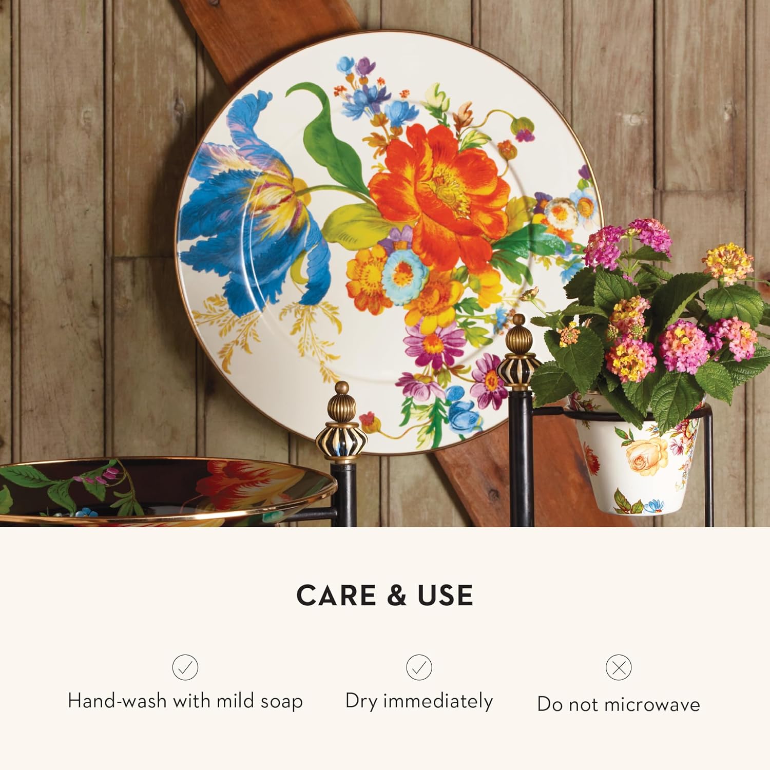 MACKENZIE-CHILDS Enamel Serving Platter, Decorative Serving Platter for Food, 16 Inches, White Flower Market