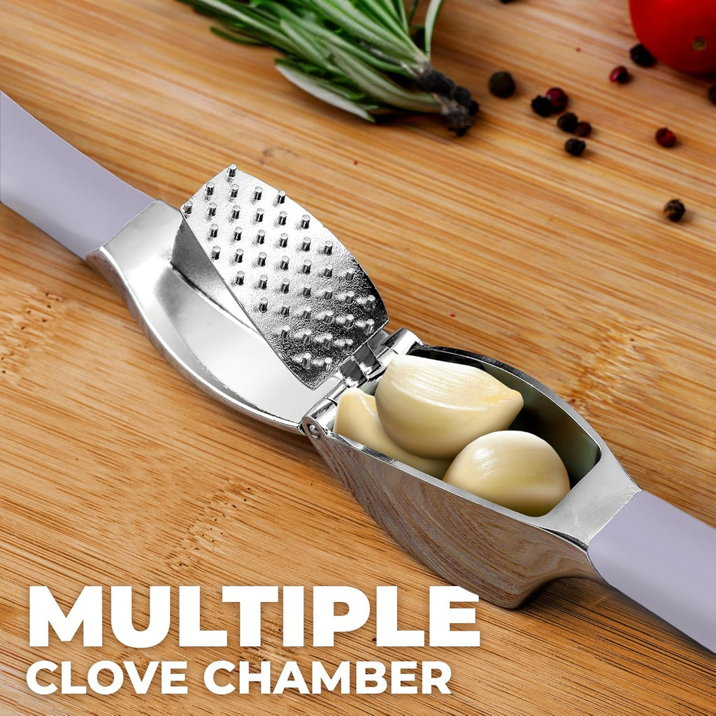 Zulay Kitchen Comfort Grip Garlic Press - Garlic Mincer Tool - Garlic Crusher - Garlic Press Mincer Rust Proof, with Soft Ergonomic Handle, Easy Clean Set with Peeler and Brush - Lavender