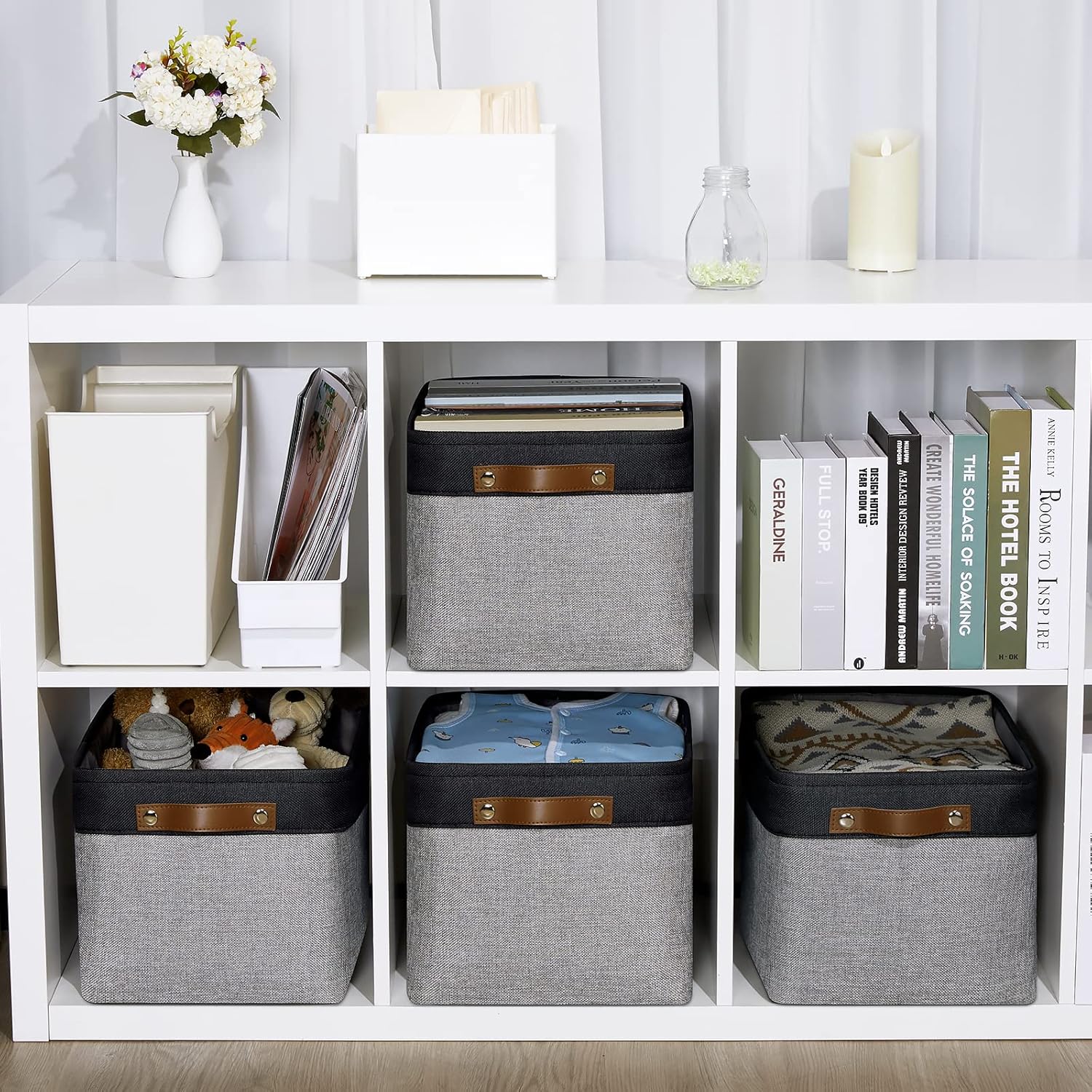 DULLEMELO Canvas Storage Bin with Handles, Fabric Bins for Shelves, Bedroom, Office,Nursery,Fabric Storage Baskets for Toys, Clothes,Gift(Black&Grey,15"x11"x9.5",4-Pack)
