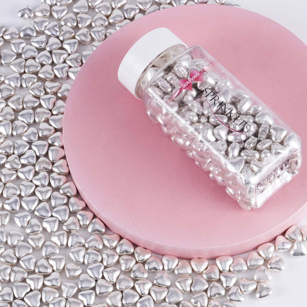 Kasvan Silver Heart Shapes Sprinkles - Edible Candy Pearls 100g/3.58 Oz, Mix Size, Baking Cake Decorations, Ice Cream Toppings and Cookie Decorating, Wedding Party Chirstmas Supplies (Silver)
