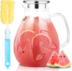 SUSTEAS 2.2 Liter 75oz Glass Pitcher, Water Pitcher with Lid And Wide Handle, Easy Clean Juice Jug for Fridge, Beverage Carafe for Cold/Hot Water, Iced Tea, 1 Long-Handled Brush Included