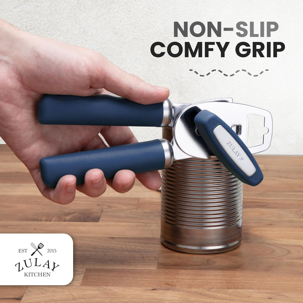 Zulay Kitchen Heavy Duty Stainless Steel Can Opener Manual with Bottle Opener - Rust Proof Manual Can Opener With Turn Knob & Comfy Soft Grip Handles - Blue
