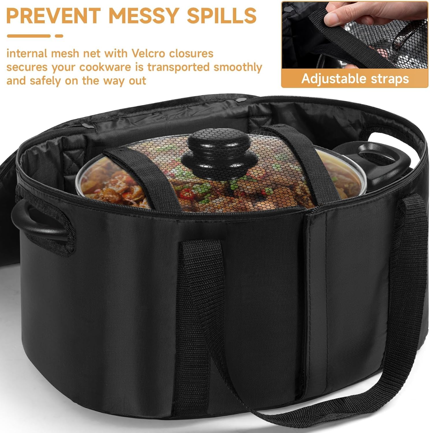 Portable Slow Cooker Travel Bag, Isulated Carrier Case Tote for 4-8 Quart Crock Carrier Compatible with Else Brands, Internal Mesh Net Holds Pot in Place, For Travel, Outdoor, Picnic, Black