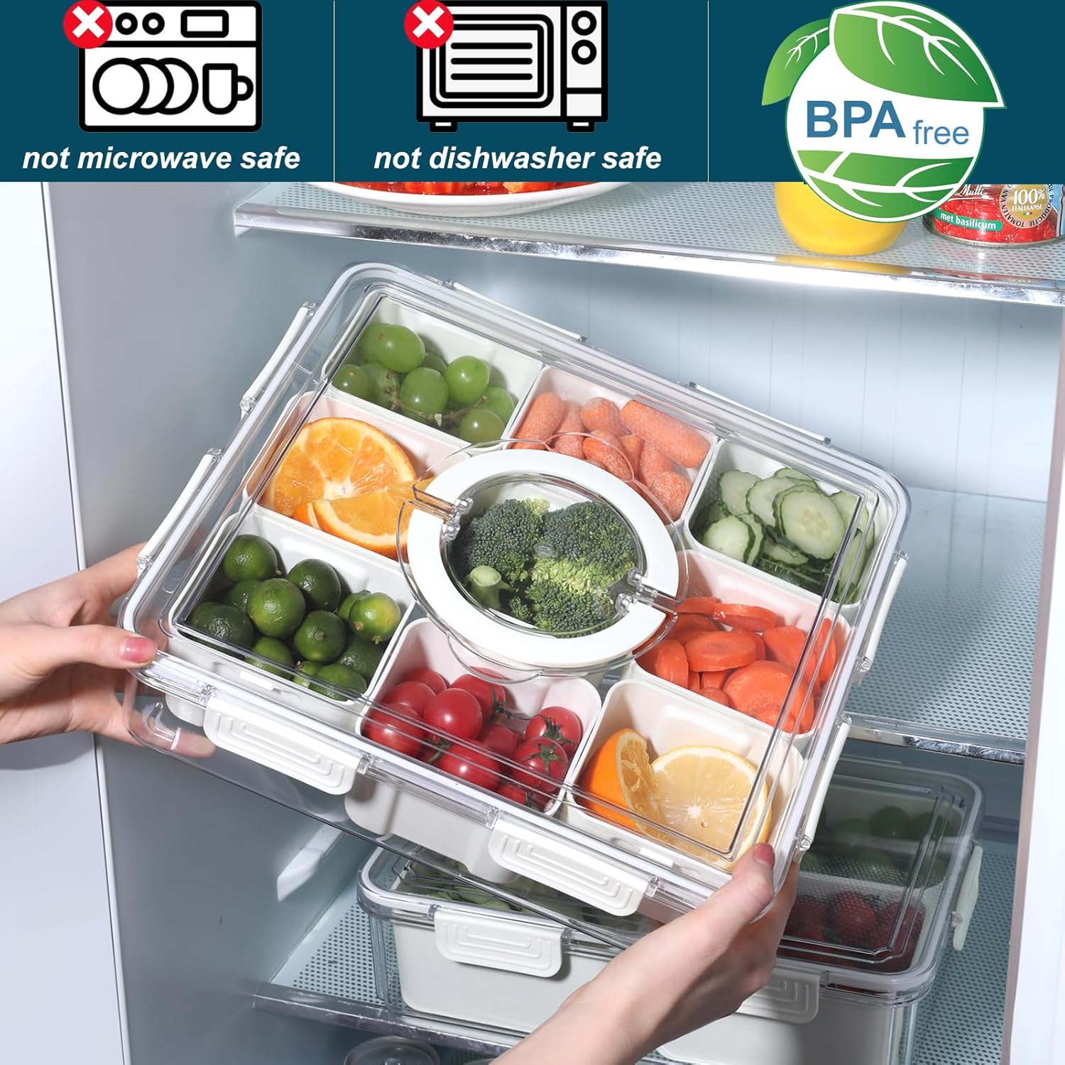 Taiuloo Divided Serving Tray with Lid & Handle, Airtight 9 Compartment Snackle Box Charcuterie Container, Fridge Organizer Bins, Food Storage Container Veggie Tray for Snack, Fruit, Candy, Nuts