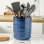 Hasense Kitchen Utensil Holder, 7.4" x 6.2" Ceramic Utensil Holder for Countertop, Stable Cooking Utensil Organizer Crock for Spatula, Modern Kitchen Decor for Christmas, Blue