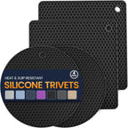Silicone Trivet Mats 4 Heat Resistant Pot Holders Multipurpose Non-Slip Hot Pads for Kitchen Potholders, Drying mat, Jar Opener, Spoon Holder, Coaster(Black)