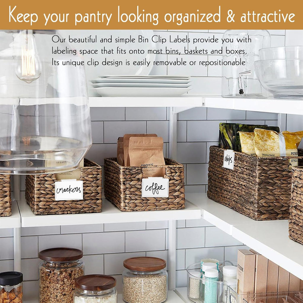 Basket Labels Clip on | Label Holders for Basket or Storage Bins Includes White Chalk Markers (8 White Holders + 2 Black Chalk Makers)