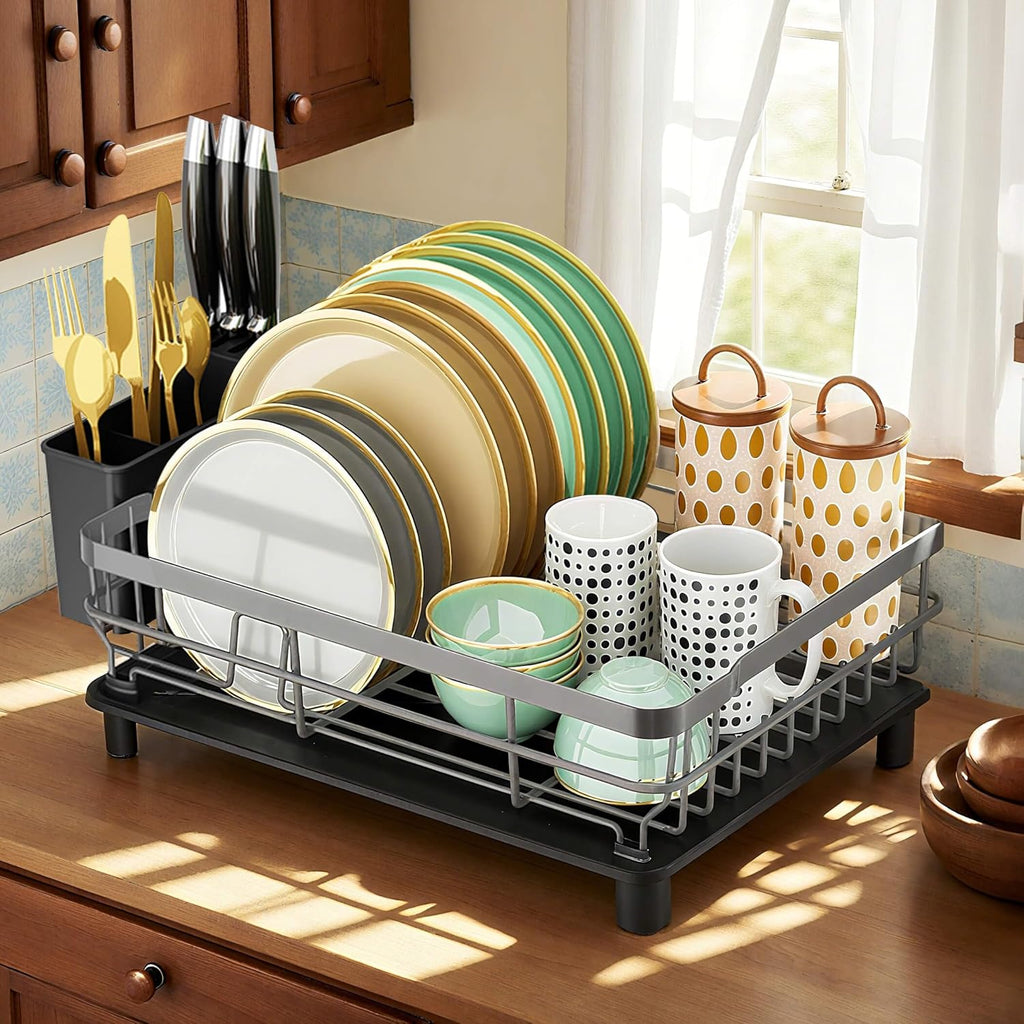 MOUKABAL Dish Drying Rack, Dish Rack, Large Dish Racks for Kitchen Counter, Drying Rack Kitchen with Removable Utensil Holder, Drainboard (Grey/Gray)