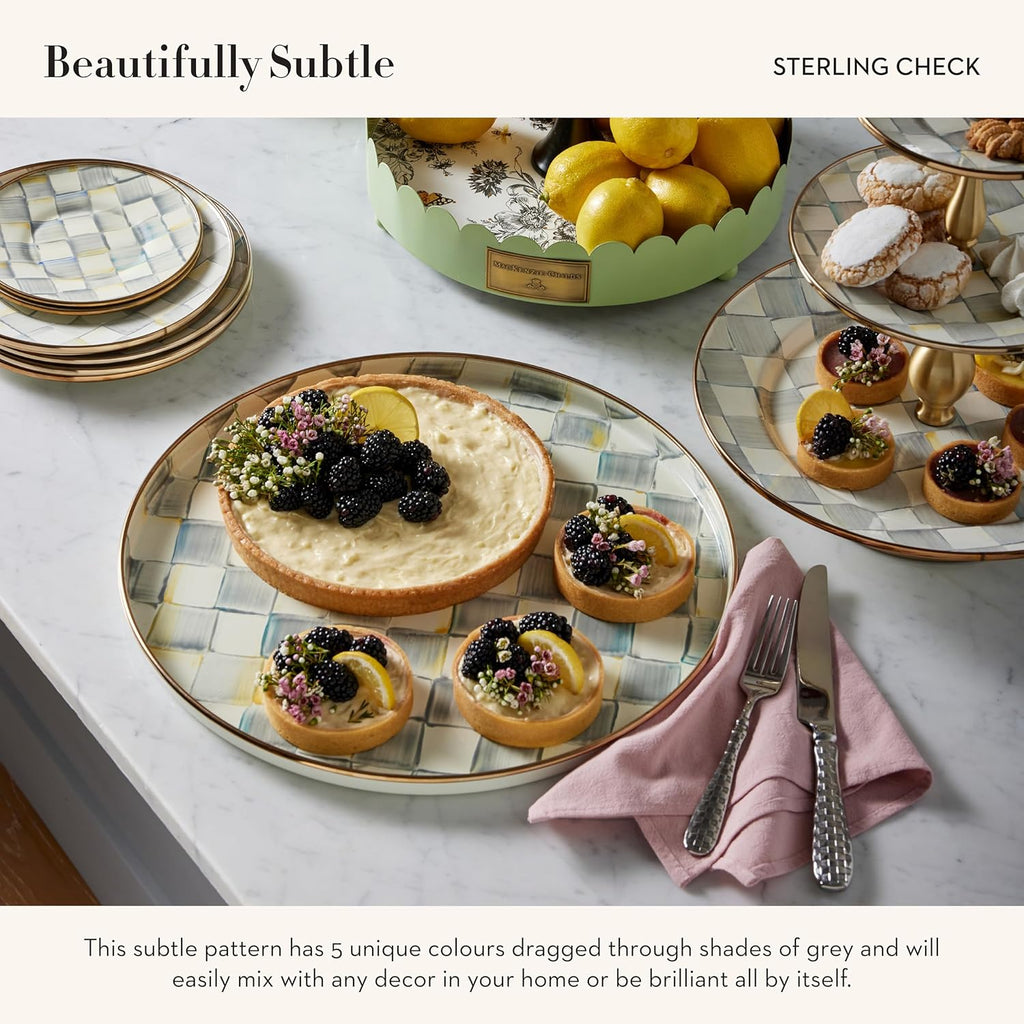 MACKENZIE-CHILDS Enamel Round Tray, Unique Serving Platter for Food and Drinks, Gray-and-White Sterling Check