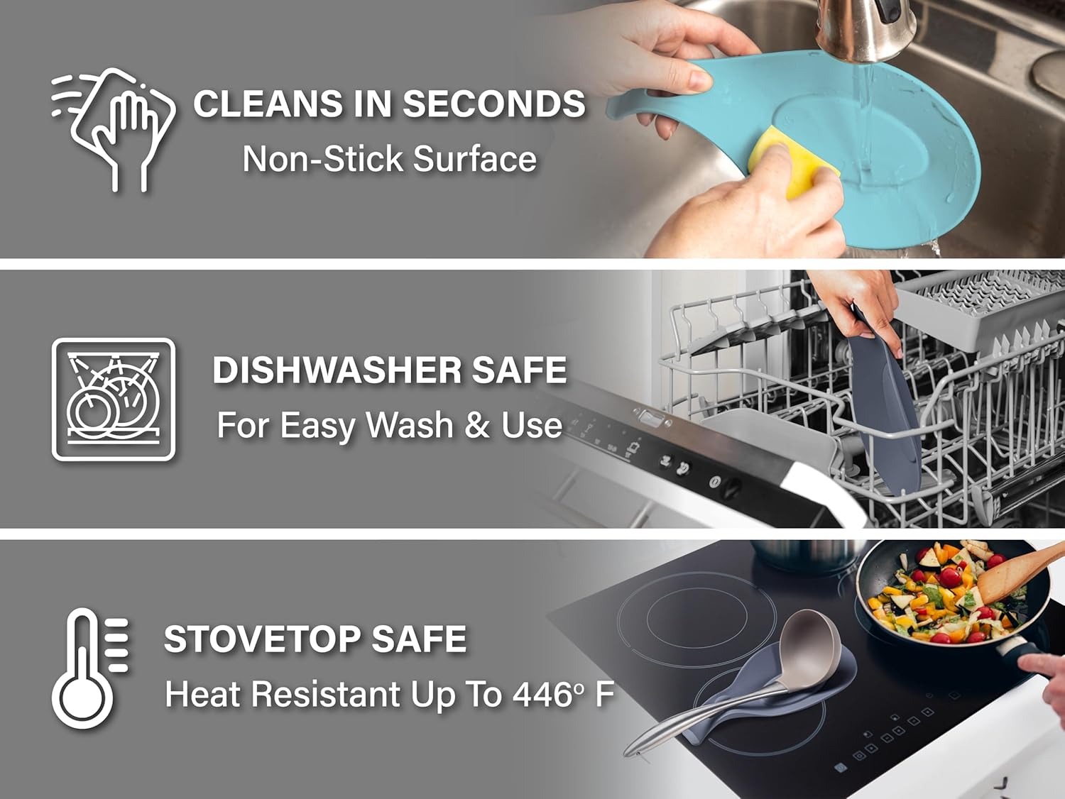 Silicone Spoon Rest for Stove Top, Set of 3 - HEAT RESISTANT, EASY TO CLEAN Kitchen Spoon Rest for Kitchen Counter, Holds XL Utensils, Safe on GLASS & INDUCTION Cooktops, DOESN’T BREAK if Dropped