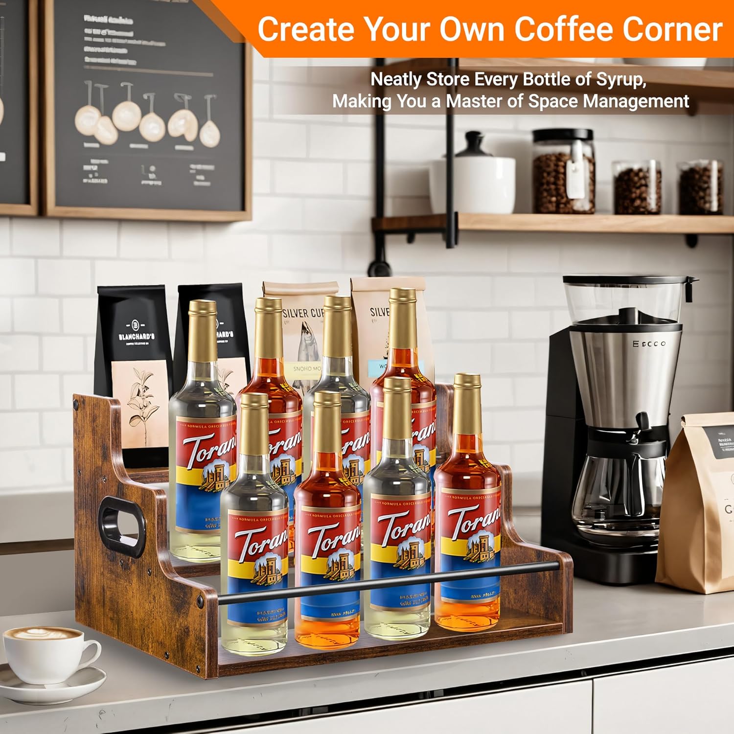 3-Tier Liquor Bottle Display Shelf - Holds up to 12 Bottles, Rustic Wood Bar Shelves for The Home Bar, Countertop Whiskey and Bourbon Organizer with Anti-Slip Pads