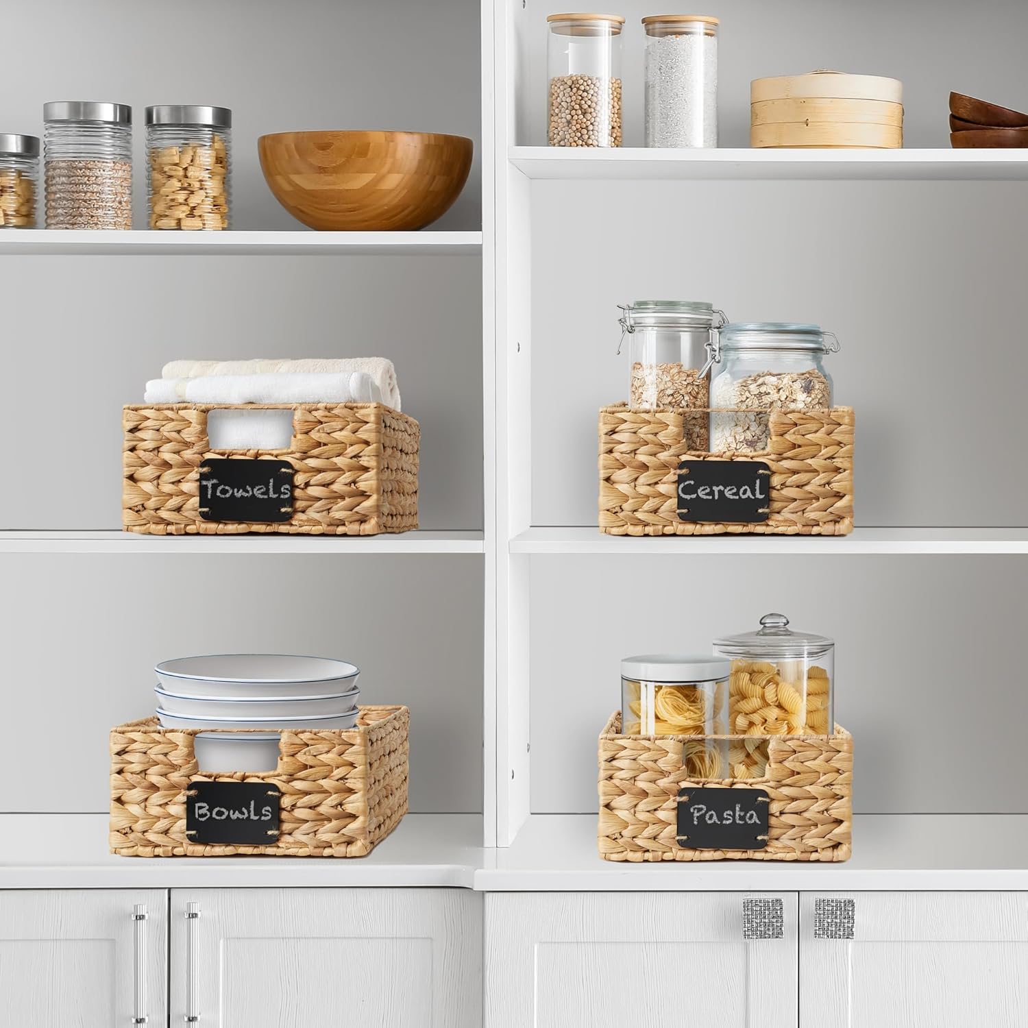 Casafield Set of 4 Water Hyacinth Pantry Baskets, 10" x 13" x 5", with Chalkboard Labels and Chalk Marker - Natural, Woven Storage Bin Organizers for Kitchen Shelves
