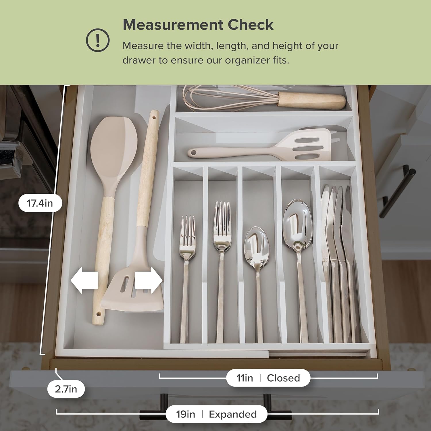 KitchenEdge Premium Silverware, Flatware and Utensil Organizer for Kitchen Drawers, Food-Safe Contract Grade, Expandable from 10.5 to 19 In, Gray Bamboo