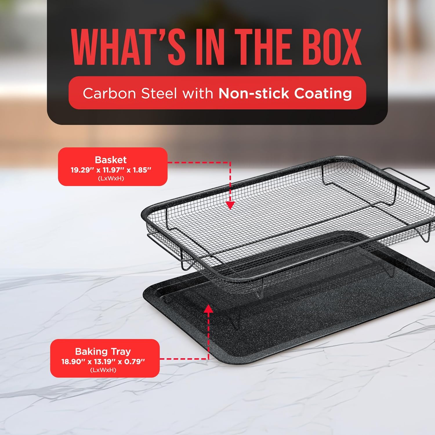 Crisper Tray Gray marble Coating - 2-Piece Set, Non-Stick Basket Design for Healthier Cooking in Regular Ovens - Make Great Crispy Food, Bacon and More, Extra Large Size 19" x 13"