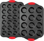 Tiawudi Muffin Pan, Nonstick Cupcake Pan Set, 2 Pack Heavy Duty Muffin Tins for Baking, 12-Cup Regular and 24-Cup Mini Bareware Tray with Silicone Grip Handles