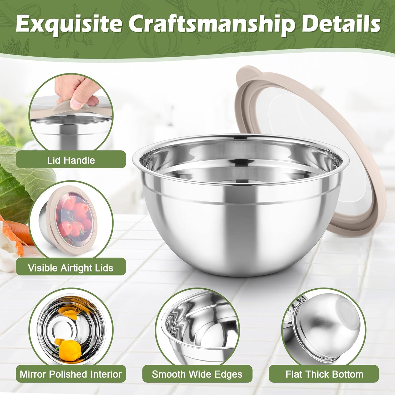 TeamFar Mixing Bowls, 3PCS Stainless Steel Serving Salad Bowls with Lids & 3 Graters, For Kitchen Mixing/Baking/Storing/Prepping, Visible & Airtight, Easy Clean - 4.5/3 / 1.5 QT, Khaki