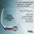 Custom Stemless Wine Glasses in Bulk by ARC Perfection, 15 oz, 100 pack, Personalized Text, Logo, Purple or White Wine Glass Set, Purple
