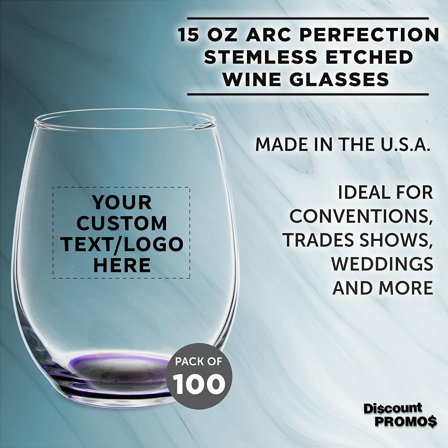 Custom Stemless Wine Glasses in Bulk by ARC Perfection, 15 oz, 100 pack, Personalized Text, Logo, Purple or White Wine Glass Set, Purple