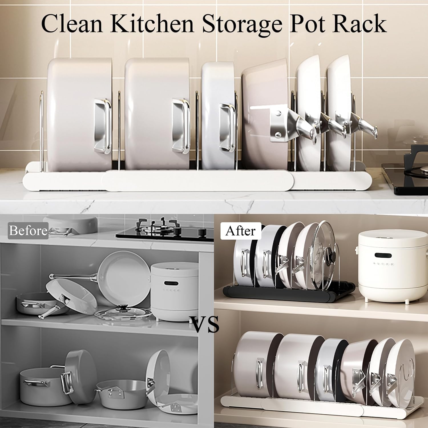 Pot Rack : Pots and Pans Organizer Under Cabinet 7 Adjustable Compartment Expandable Pot Lid Holder for Kitchen Cookware, Bakeware, Lid, Dishes, Cutting Boards,Apricot