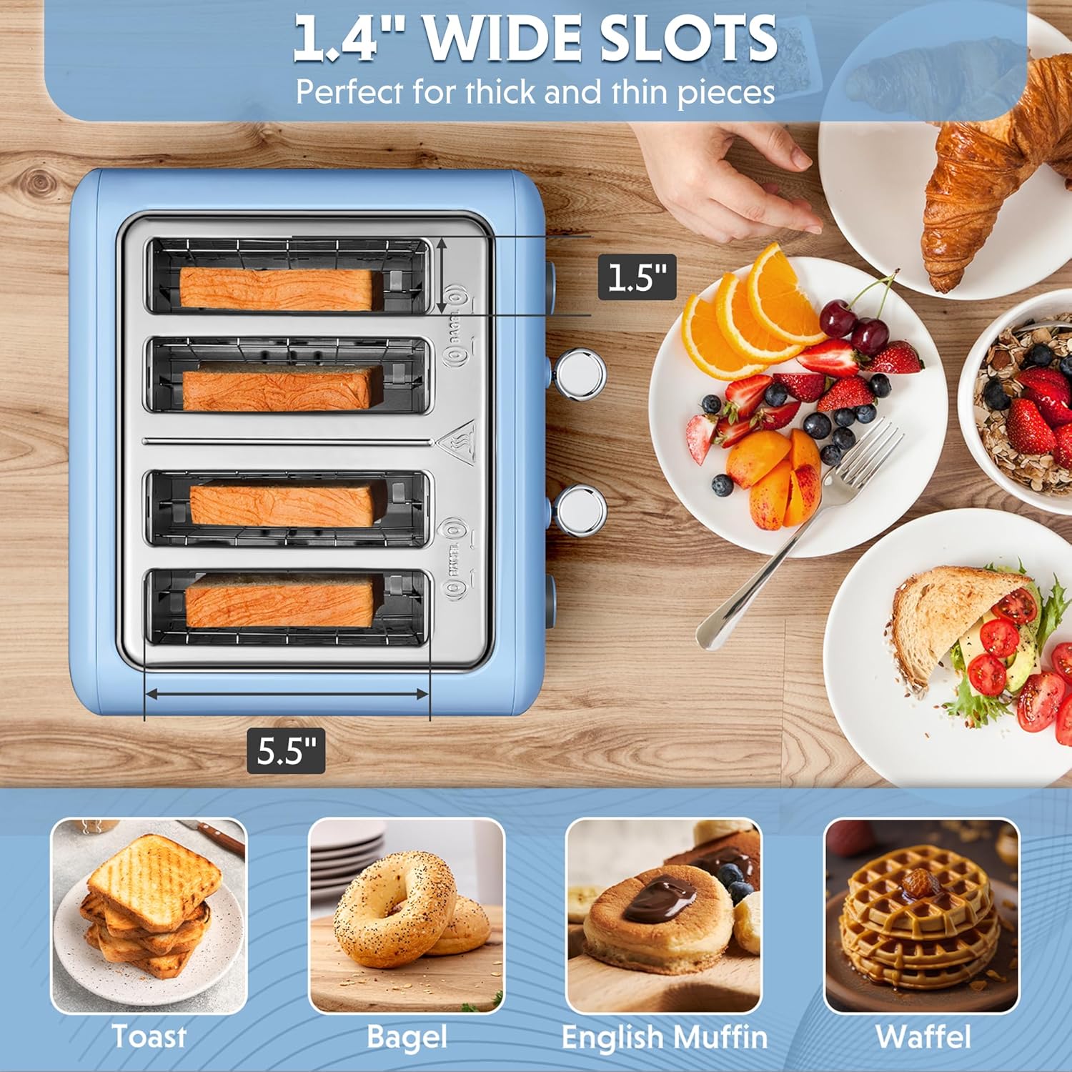 BUYDEEM DT640 4-Slice Toaster, Extra Wide Slots, Retro Stainless Steel with High Lift Lever, Bagel and Muffin Function, Removal Crumb Tray, 7-Shade Settings,Blue