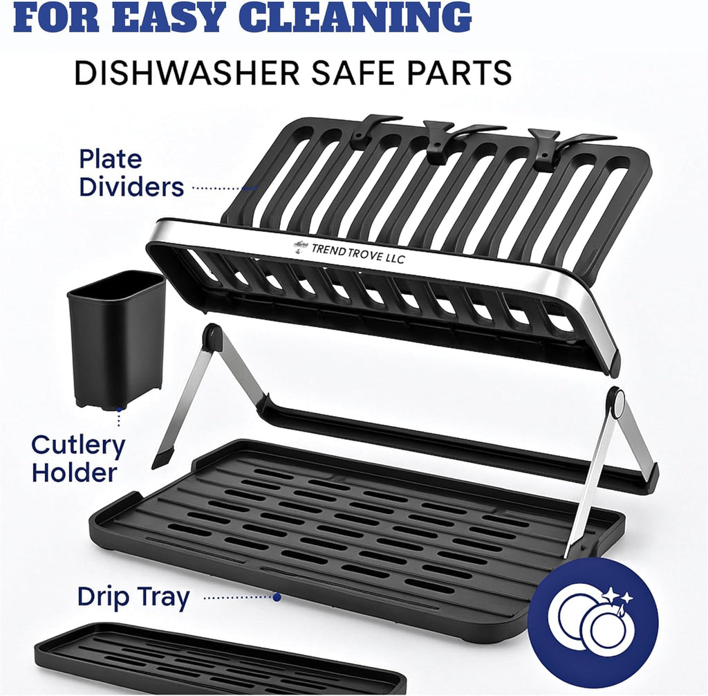 TrendTrove Foldable Dish Drying Rack – Stainless Steel Dish Rack for Kitchen Counter & Over Sink – Compact, Space-Saving Dish Drainer with Drip Tray, Utensil Holder & Plate Dividers (Black/Silver)
