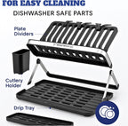 TrendTrove Foldable Dish Drying Rack – Stainless Steel Dish Rack for Kitchen Counter & Over Sink – Compact, Space-Saving Dish Drainer with Drip Tray, Utensil Holder & Plate Dividers (Black/Silver)