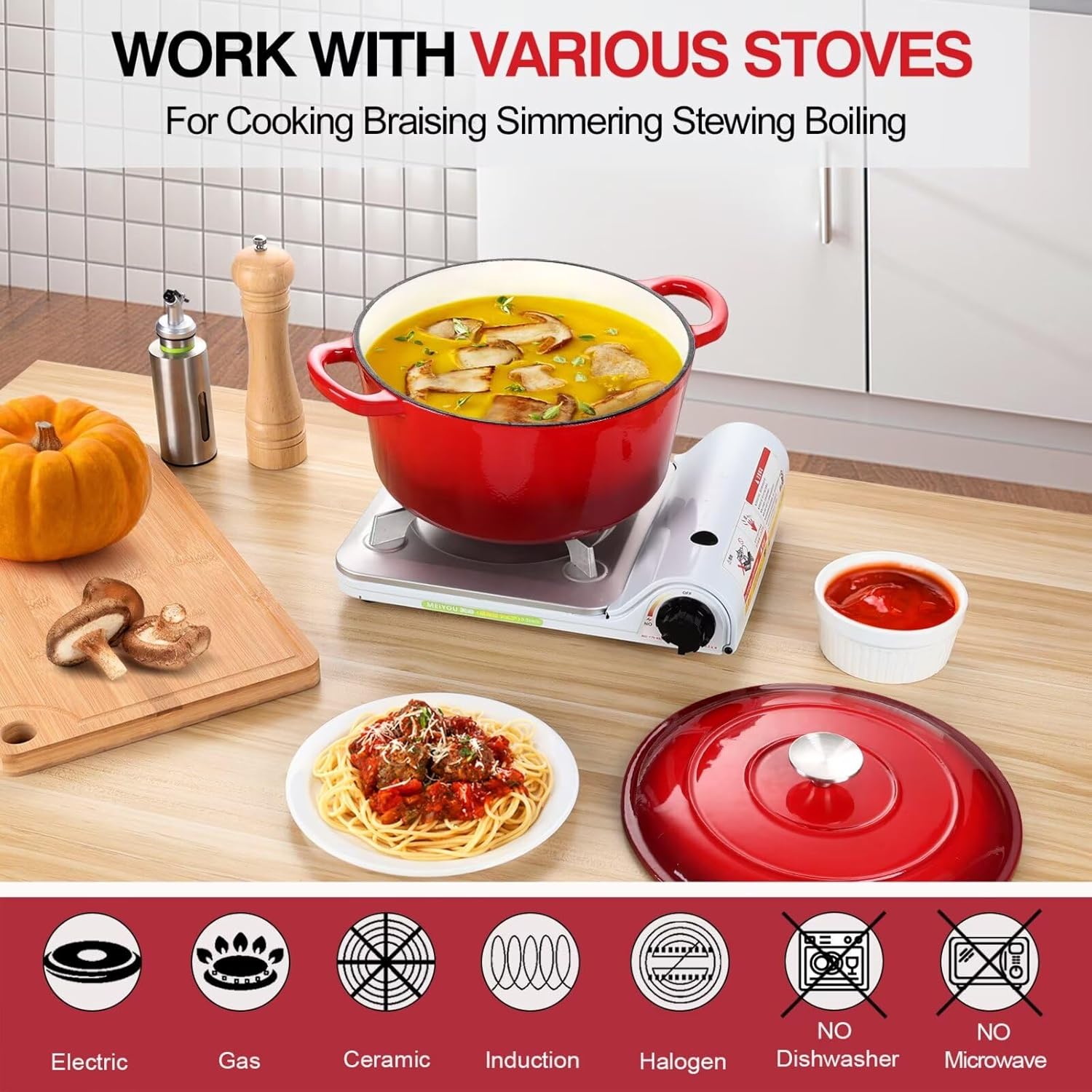 P&P CHEF 6QT Enameled Dutch Oven, Cast Iron Dutch Oven Pot with Lid for Bread Baking, Enameled Casserole Pot for Roasting Braising Stewing Frying Simmering, Various Stoves & Easy Clean, Red