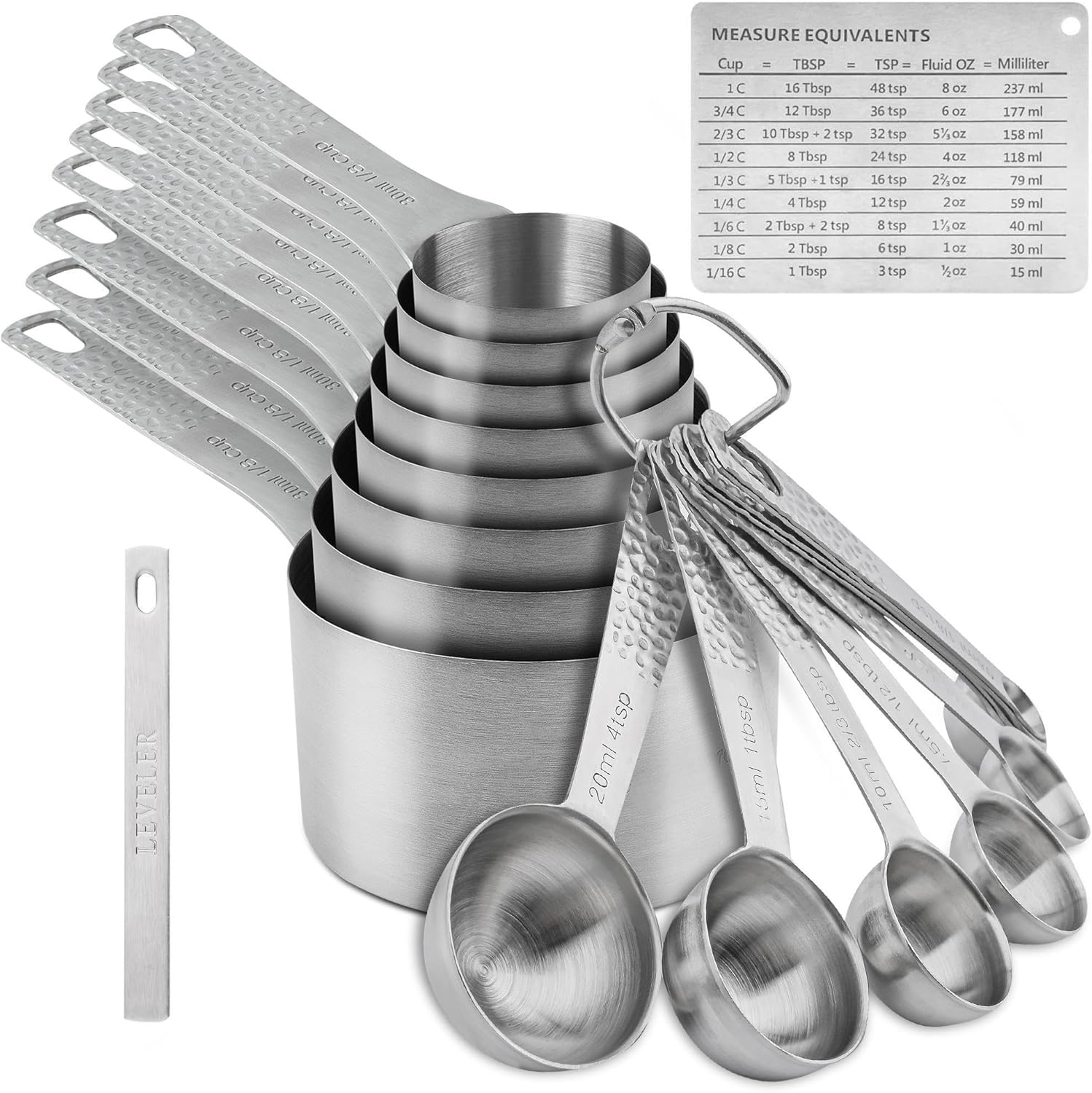 Measuring Cups and Spoons Set 19, Metric & US 18/8 Stainless Steel Measuring Cups and Spoons Set for Kitchen and Baking, Dry & Liquid Metal Measure Cup Spoon with Measure Equivalents