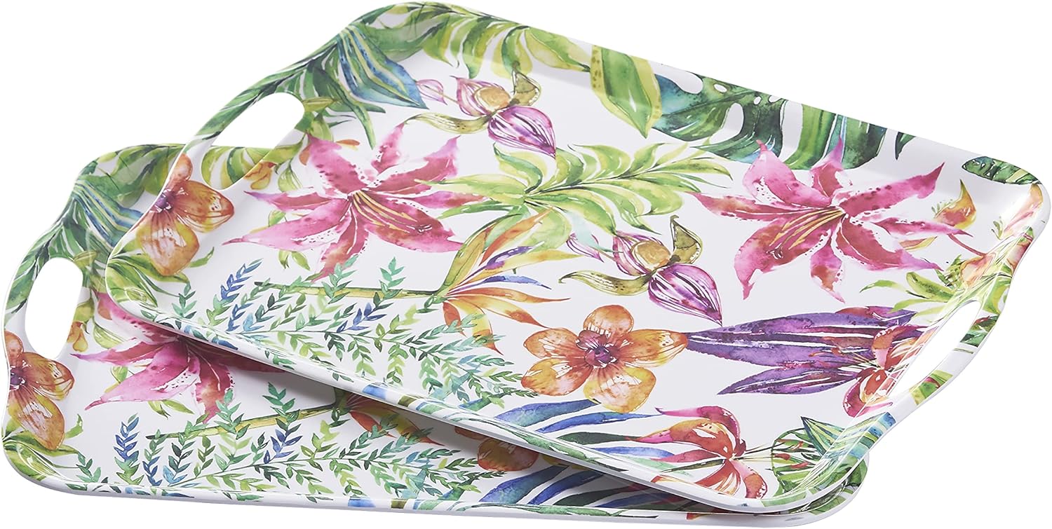Blue Boat 16.5" x 11.5" Rectangular Serving Trays Set of 2 Floral, Light Weight Easy to Clean Sturdy Stackable Melamine Serving Tray with Handle, Fruit, Snacks, and Desserts Trays