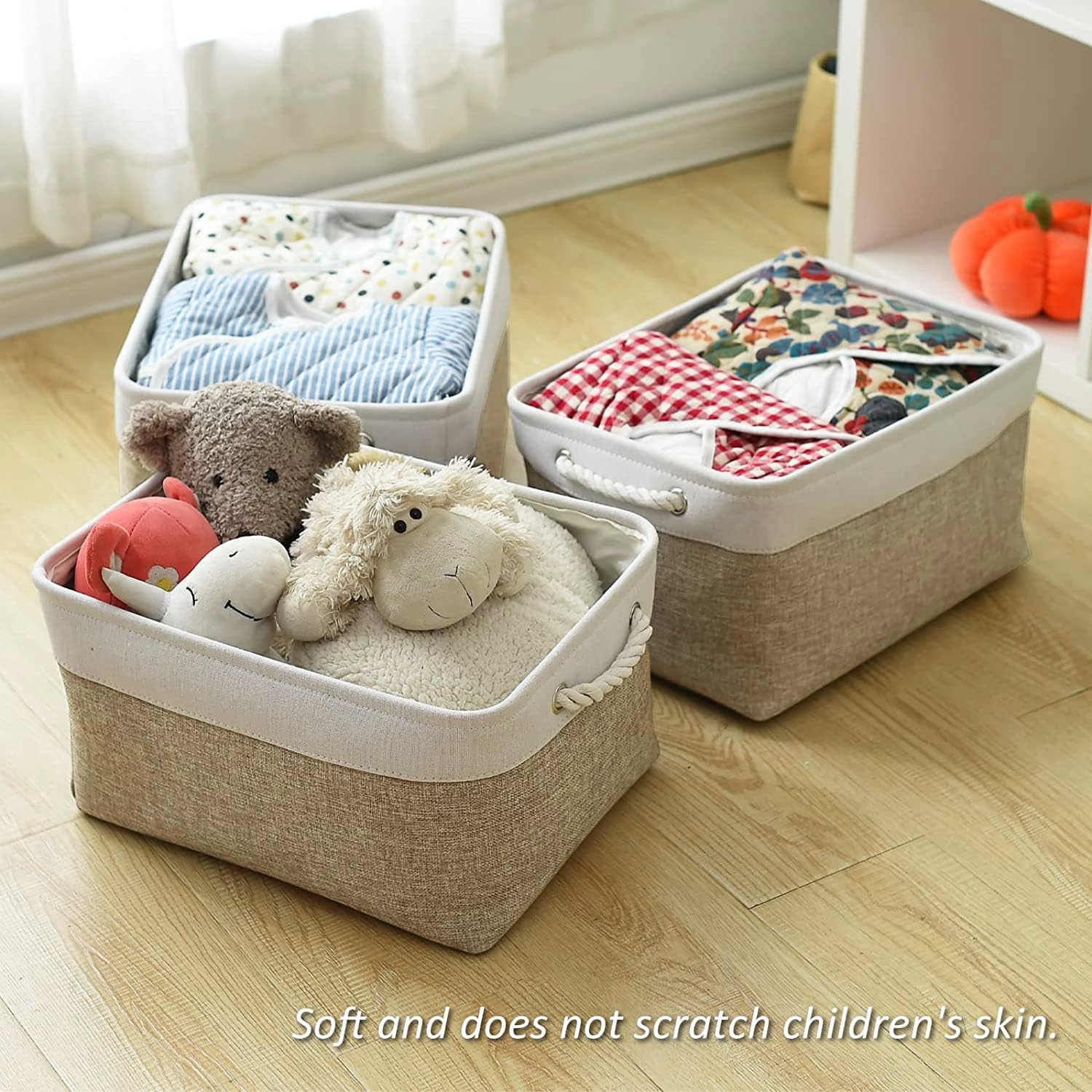 TcaFmac Storage Basket for Organizing - Large 4 Pack Fabric Storage Bins Baskets for Shelves, Foldable Storage Cubes for Closet Cloth Toy Box Gift Organizer(White & Khaki16x12x8 inch)