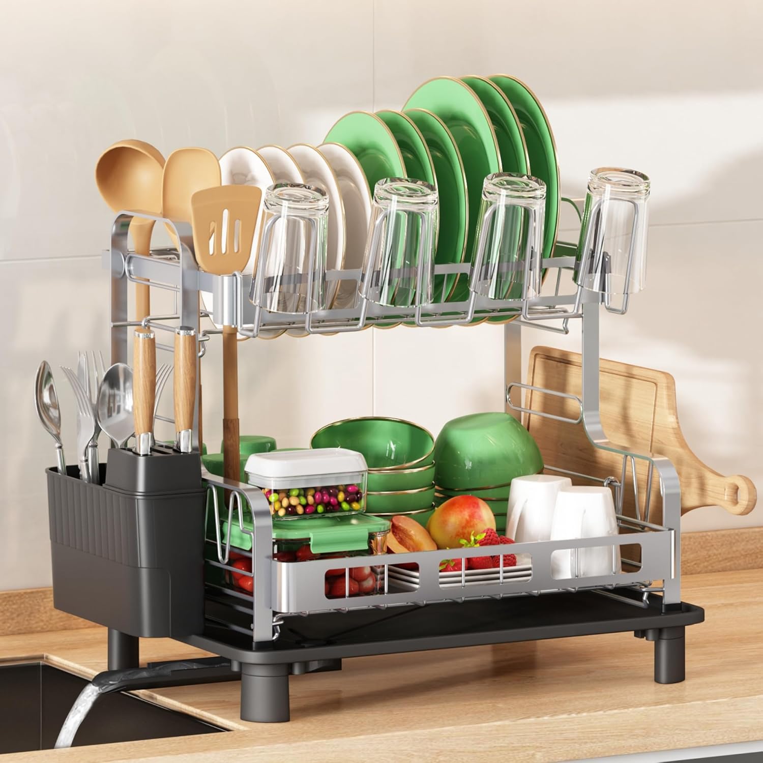 BOOSINY 2 Tier Stainless Steel Dish Drying Rack for Kitchen Counter, Large Dish Dryer Rack for Saving Space, Dish Drainers with Cup Holder & Utensil Holders, Silver