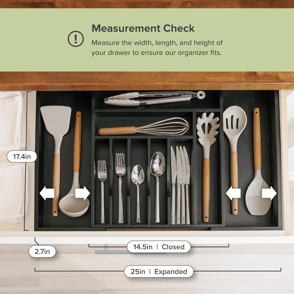 KitchenEdge Premium Silverware, Flatware and Utensil Organizer for Kitchen Drawers, Food-Safe Contract Grade, Expandable from 14.5 to 25 In, Black Bamboo