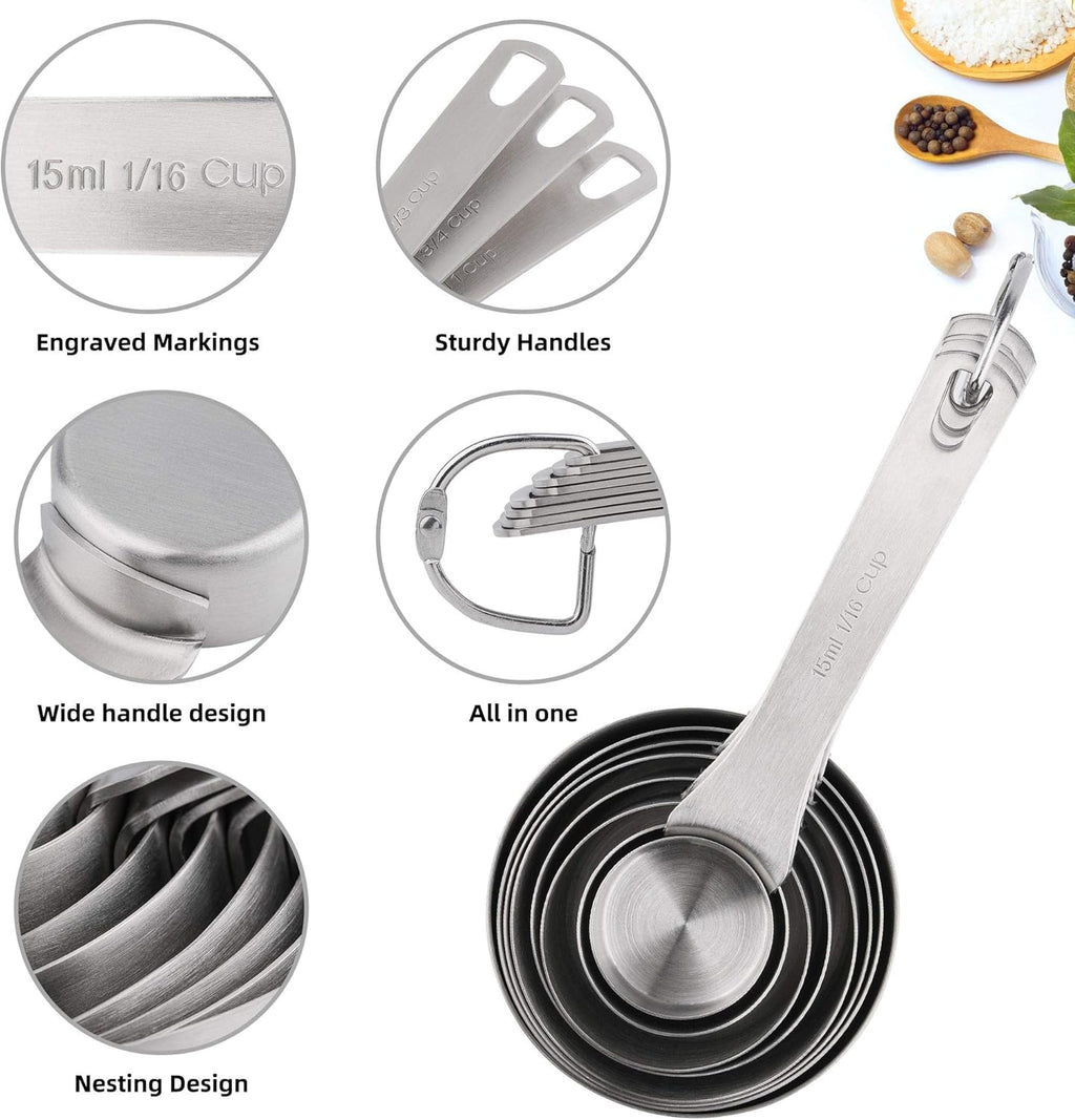Measuring Cups and Spoons Set 15, 6 Stainless Steel Measuring Cups and 7 Spoons &1Leveler &1Magnetic Conversion Chart, Metric&US Metal Measuring Tools for Baking & Kitchen