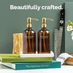 Vine Creations Amber Glass Soap Dispenser Set, Kitchen Soap Dispenser Set with Ceramic Tray, 16 oz Dish Soap and Hand Soap Dispensers with Stainless Steel Pump Decor (Amber Bottle/Brushed Brass)