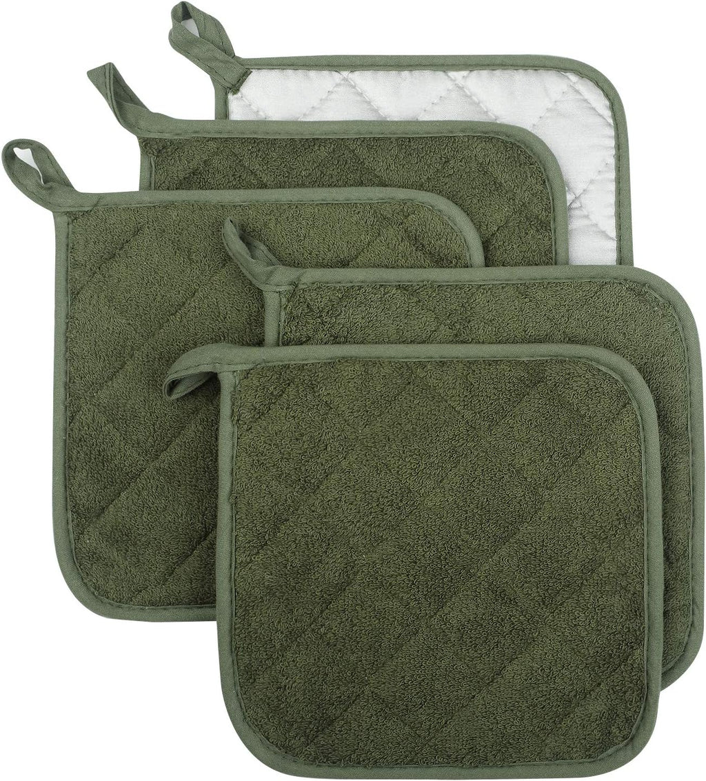 100% Cotton Kitchen Everyday Basic Terry Pot Holder Heat Resistant Coaster Potholder for Cooking and Baking Set of 5 Olive Green