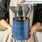 Hasense Kitchen Utensil Holder, 7.4" x 6.2" Ceramic Utensil Holder for Countertop, Stable Cooking Utensil Organizer Crock for Spatula, Modern Kitchen Decor for Christmas, Blue